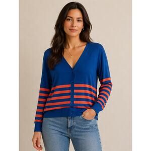LR908 Blue Orange Stripe Cardigan Womens Plus Size 3X Button Front Lightweight